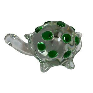 Vintage Art Glass Turtle Crystal Green Dot Large Figurine Paperweight